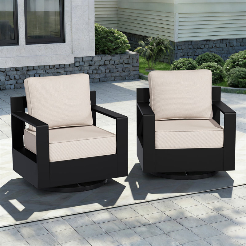 Ensemble de 2 fauteuils pivotants d'extérieur modernes Oneita en aluminium avec coussins beiges résistants aux intempéries de 15 cm d'épaisseur