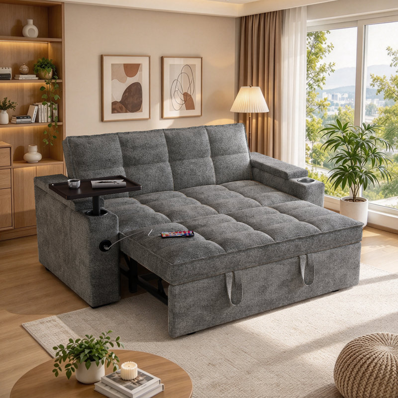 Canapé-lit convertible 3 en 1 de 165 cm avec lit gigogne, revêtement en chenille et table d'appoint pivotante à 360°, canapé pliant moderne pour salon