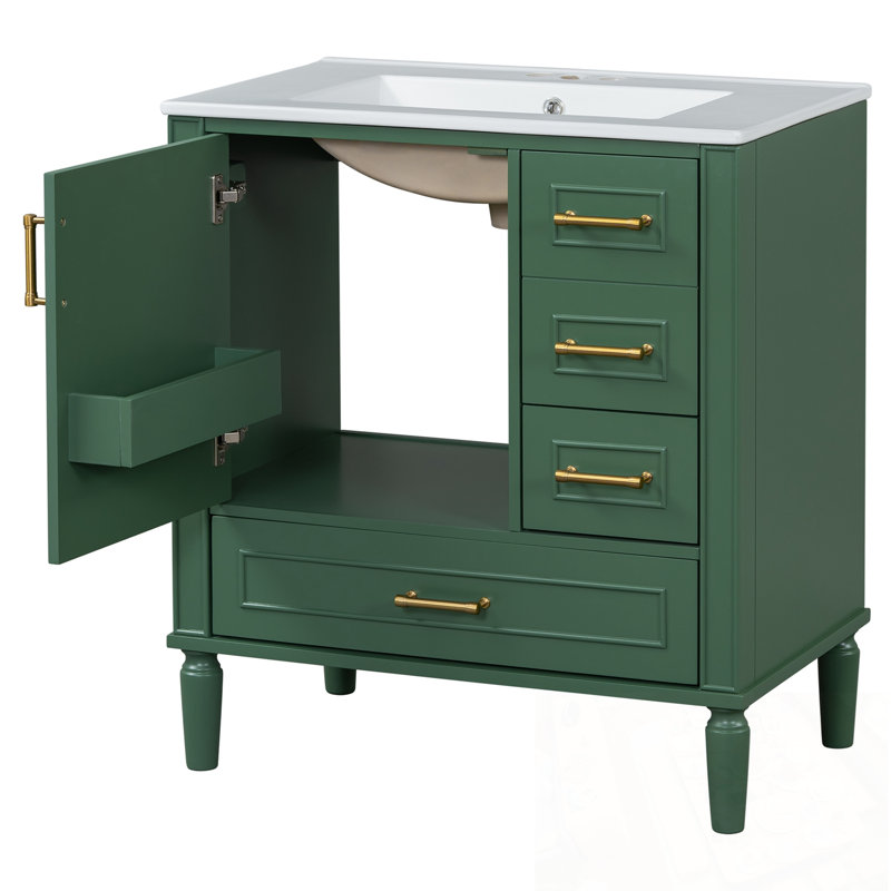 Ensemble de meuble-lavabo avec trois tiroirs, portes à fermeture douce et poignées en métal, Vert