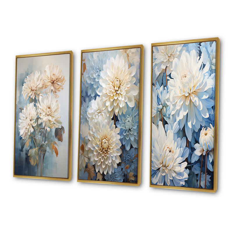 Minimalisme Blooming Mums, peinture en bleu et blanc - ensemble d'art mural sur toile Mums, ensemble de 3, H 40 po x l 60 po