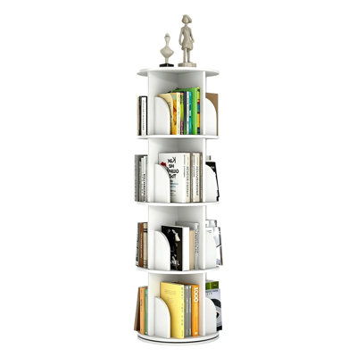 White 4-Tier Rotating Bookshelf - 360 Degree Spinning Floor Standing Storage Rack for Small Spaces