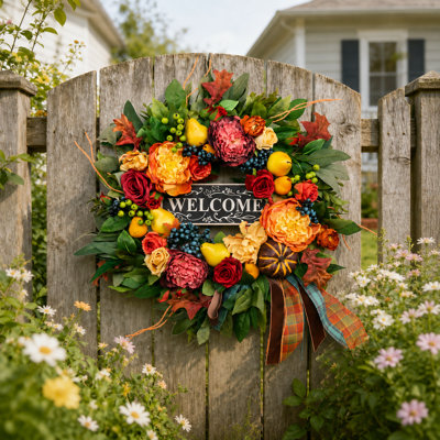 24" Fall Autumn Wreath with Orange Peonies & Blueberry Accents for Front Door Decor