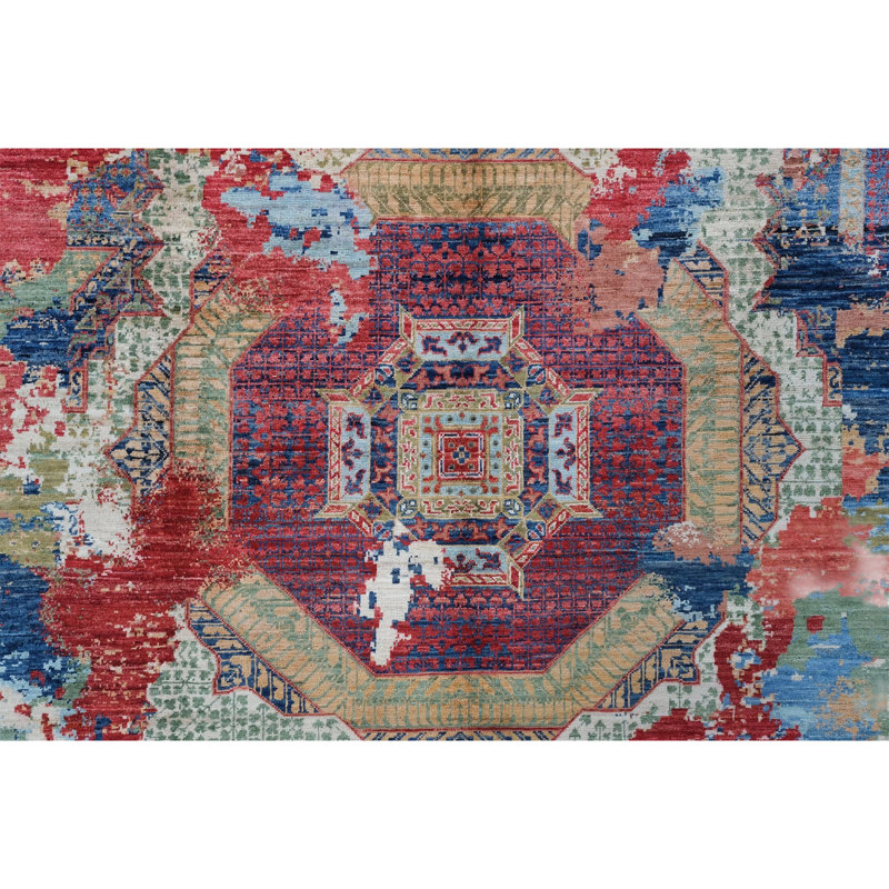 High-Quality Hand-Knotted Red And Navy Area Rug