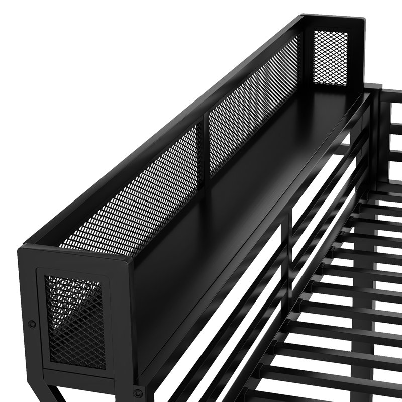 Black Queen Size Metal Bunk Bed With And Storage Shelf, For Adults Teens, Stable Frame, Coated Surface, 600Lbs Lower Limit Over In Black, , Guard, Slats