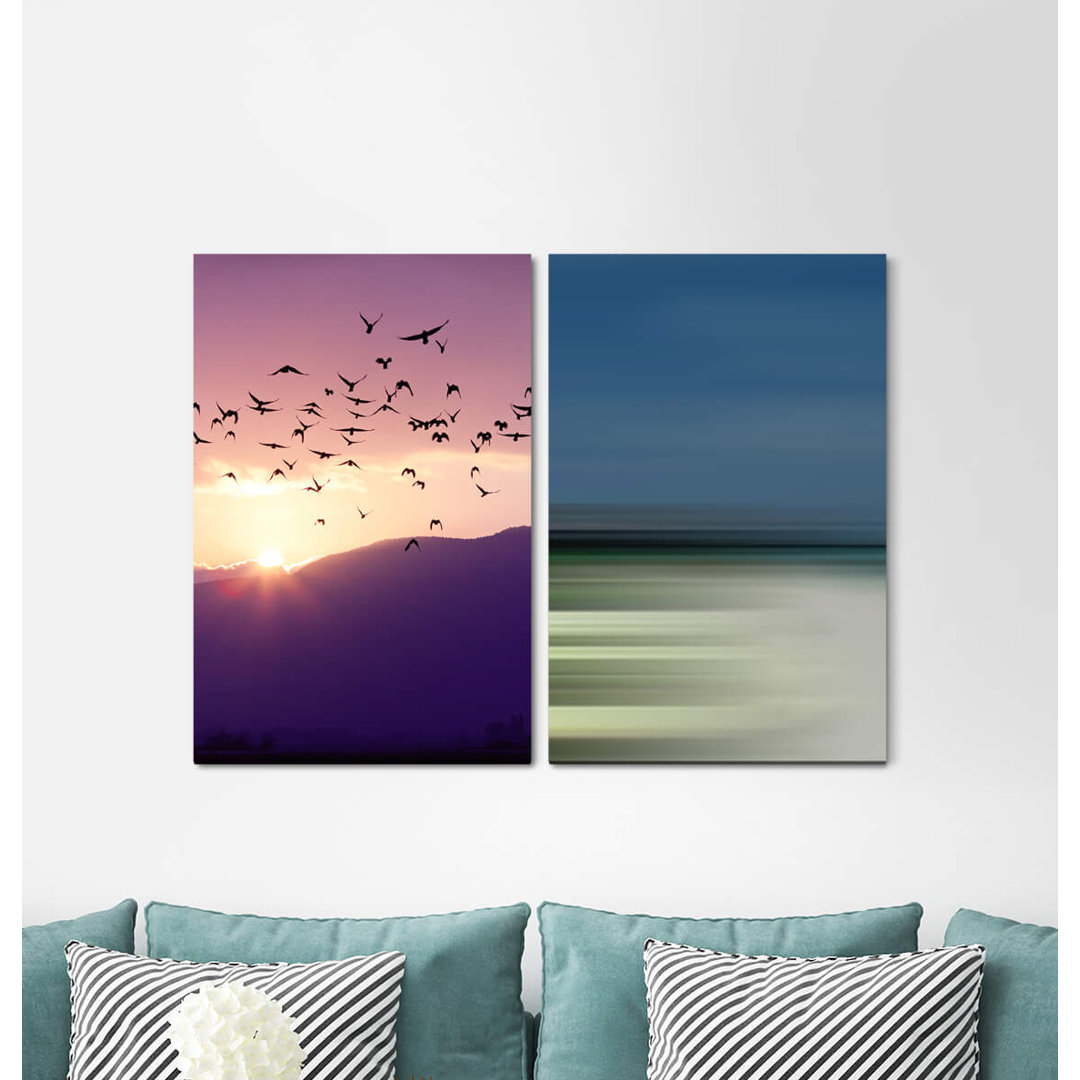 2-tlg. Leinwandbilder-Set - Fotografie „Birds Sky Flying Freedom Horizon Sunset Clouds”