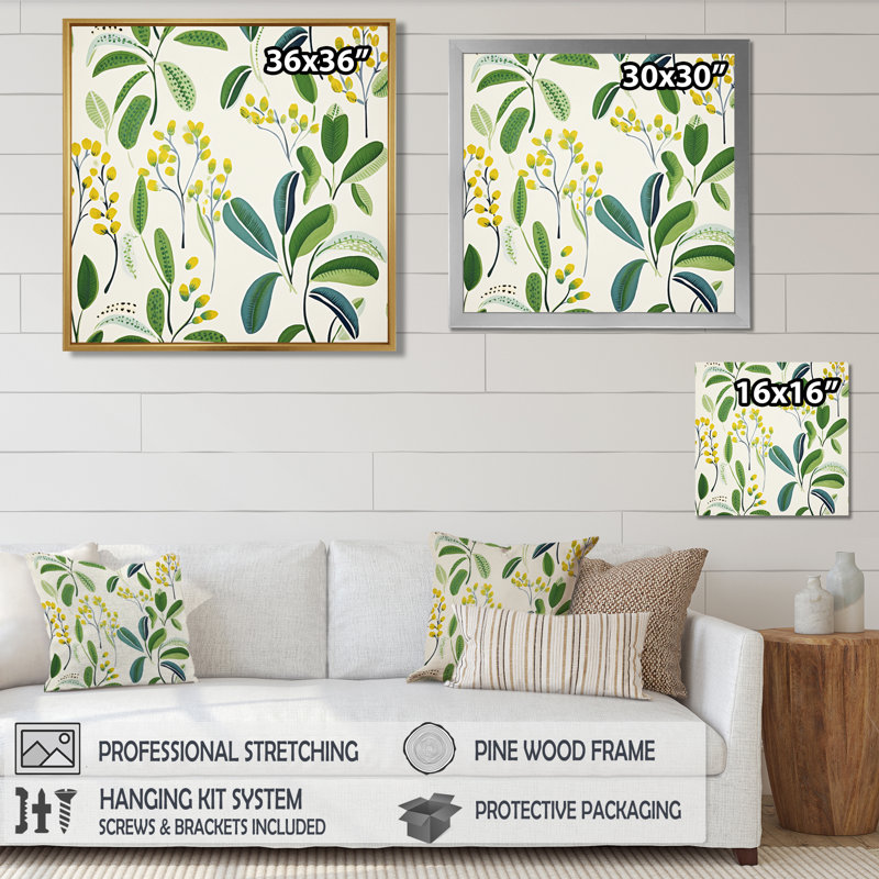«Blossoming Retro Spring Foliage - Leaves», art mural, Toile avec cadre flottant noir, H 16 po x l 16 po x P 1 po