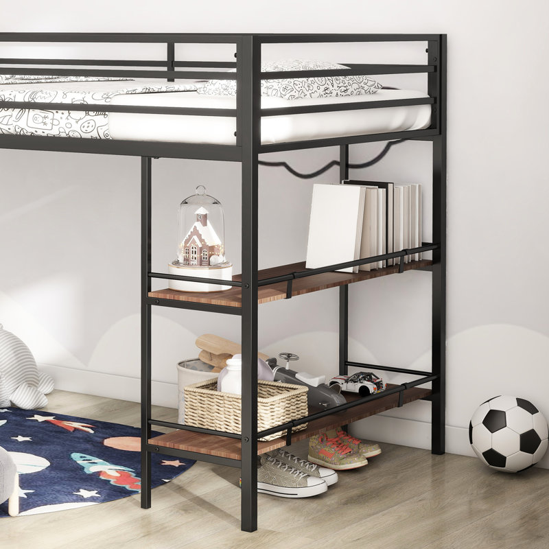 Lit mezzanine simple - structure en métal noir avec tablette, assemblage facile, silencieux, coffre-fort pour chambre à coucher, tablette fonctionnelle superposée sans sommier