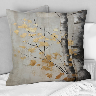 Tree Whispers Of Gray And Gold - Tree Monochrome Printed Throw Pillow
