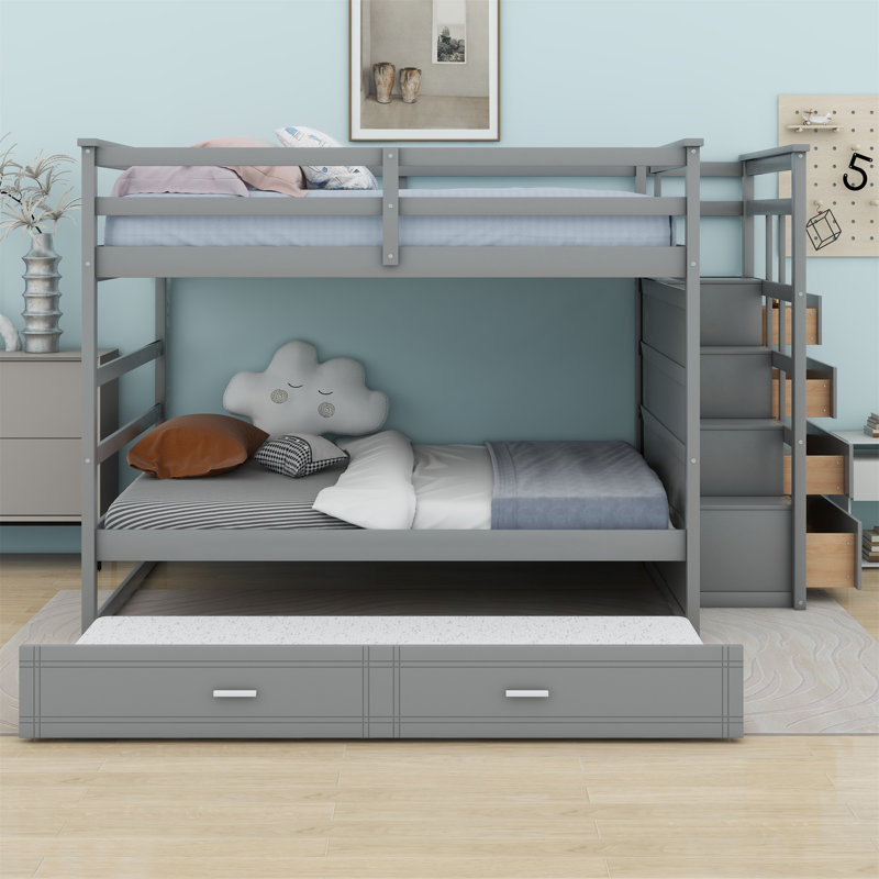 Bunk Bed with Trundle and Staircase, Gray