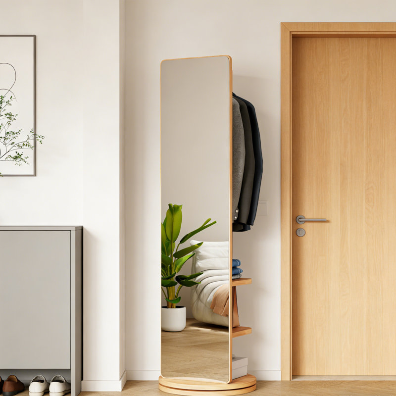 360° Rotating Storage Rack Coat Rack With Mirror, Natural