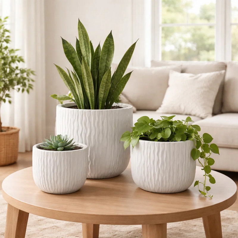Ensemble de 3 pots à fleurs Kena, céramique blanche, texture ondulée d'intérieur, 13 10 8 po