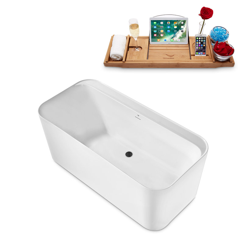 Baignoire de trempage autoportante 59 "avec drain et plateau en bambou 59" Streamline, Noir mat