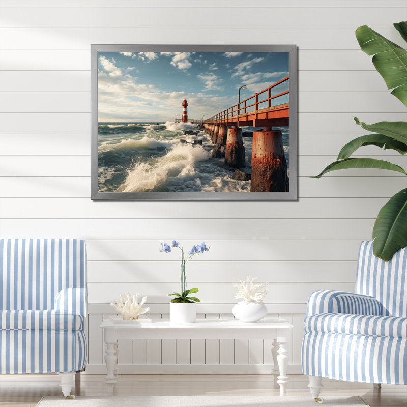 " Pier Whispering Waves III ", 34" H x 44" W, Silver Picture Framed