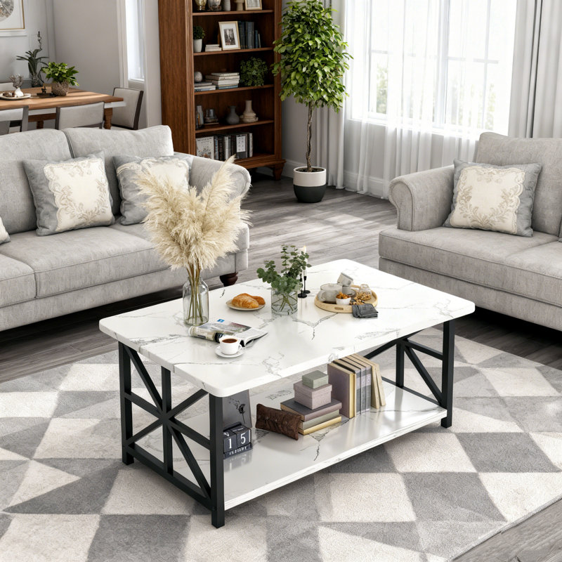 Coffee Table For Living Room, Modern 2-Tier Round Corners Center Table With Storage, Rectangular Living Room Table With Sturdy Metal Frame For Sofa Home Office
