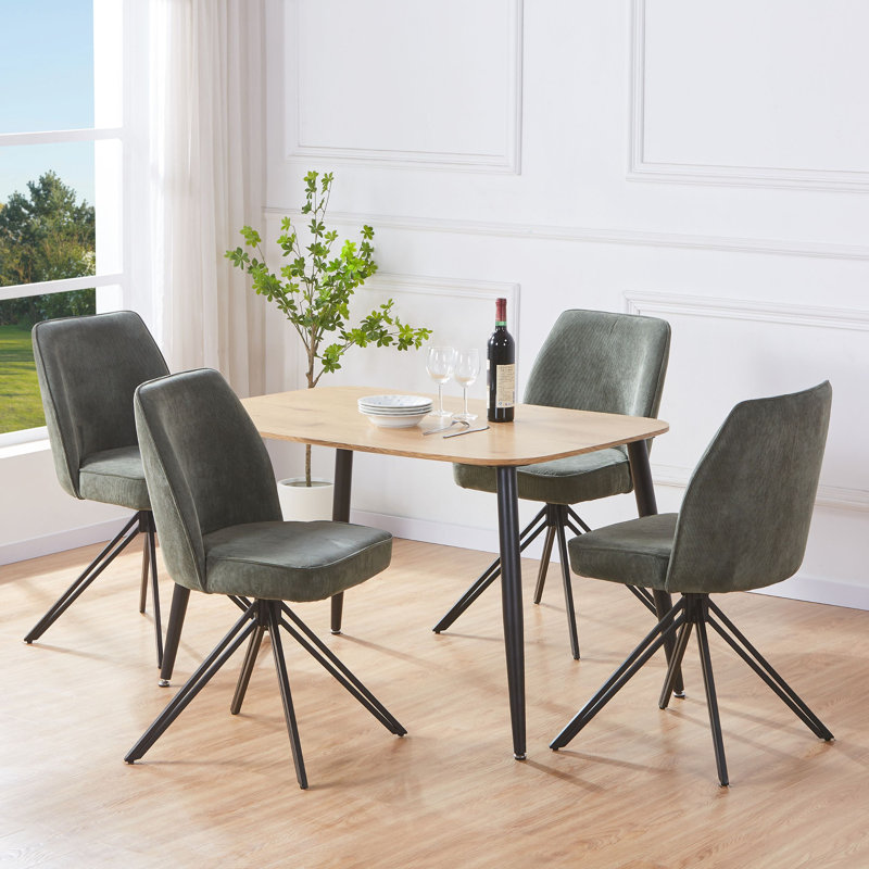 Aspen Rectangular Dining Table with 4 Swivel Upholstered Fabric Chairs - Modern Dining Set, Light Oak, Green