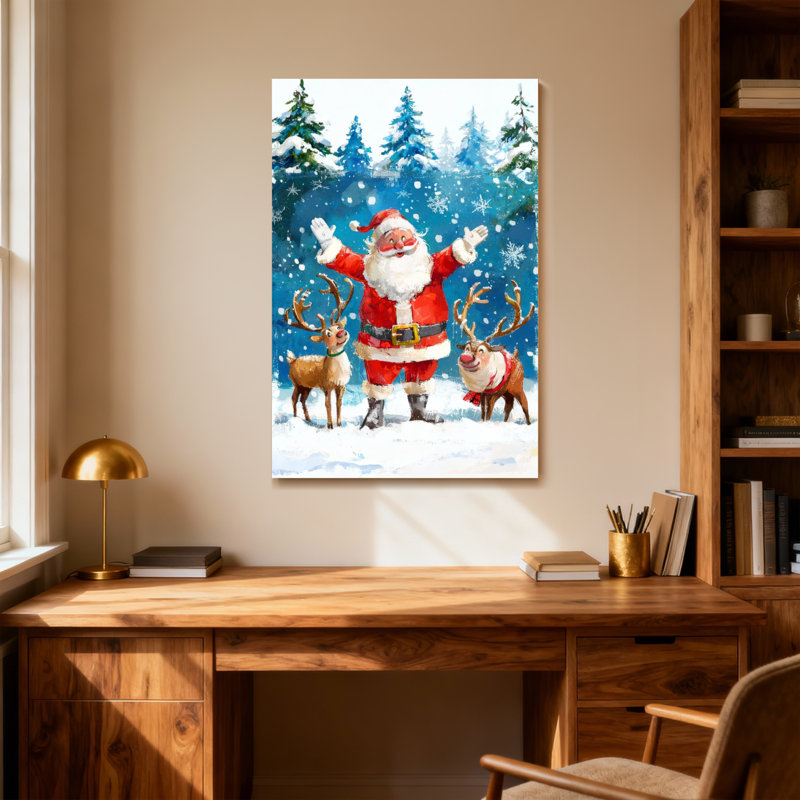 Noël père Noël avec renne dans la forêt enneigée, H 40 po x l 28 po