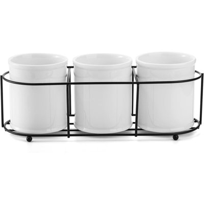 3-Piece Ceramic Utensil Caddy with Metal Rack - Multi-Purpose Cutlery Storage Organizer for Kitchen Table, Cabinet & Pantry