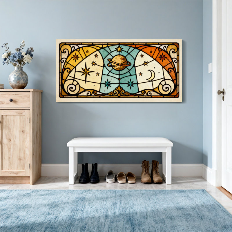 Motif cosmique en verre coloré avec planètes, étoiles et lune, H 16 po x l 32 po