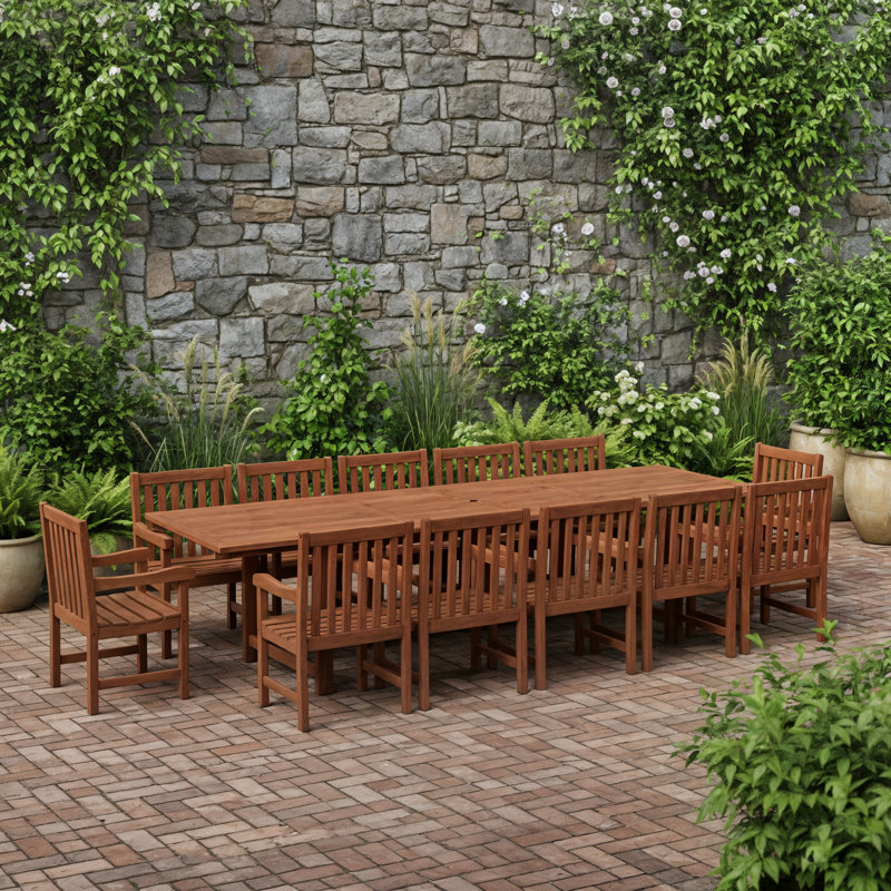 Ensemble de table de salle à manger extensible et chaises d'extérieur 13 pièces Wayland | Bois d'eucalyptus | Idéal pour le patio, table brune