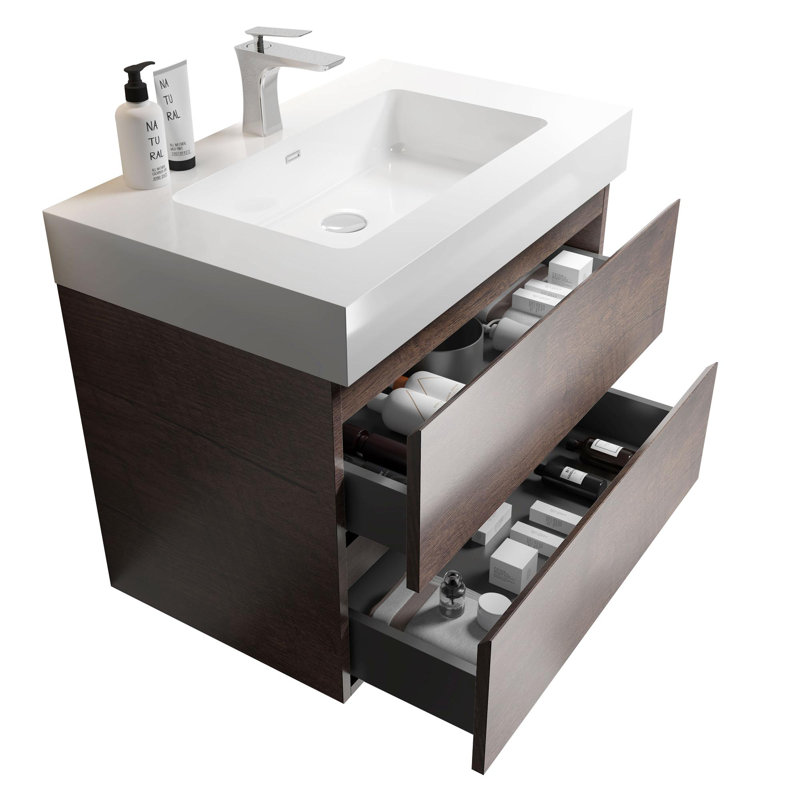 Meuble-lavabo moderne avec lavabo, Noyer, Blanc