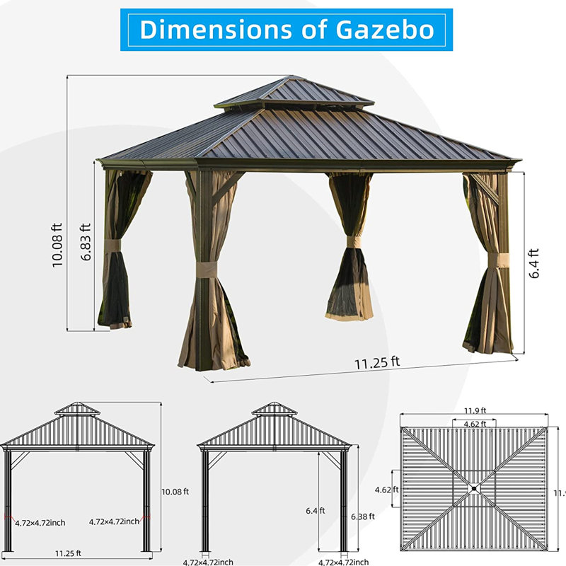 Pavillon de jardin d'extérieur en aluminium avec plateau en acier galvanisé et 84 rideaux - Toit brun brun 12 pi x 12 pi - Structure
