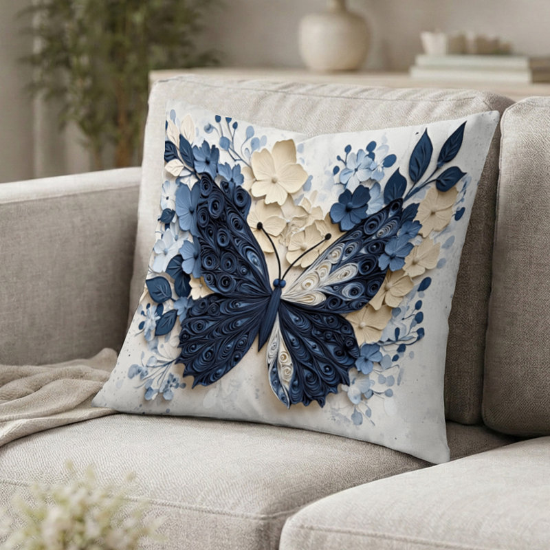 Blue And White Butterfly In Bloom Decorative Accent Pillow - Animals Printed Throw Pillow, 16"H x 16"W