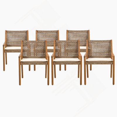 ENSEMBLE DE CHAISE DE SALLE À MANGER EXTÉRIEUR-Bois d'acacia et osier avec mobilier de patio à coussin crème-Finition teck et brun wicke, convient aux grands rassemblements-ensemble de 6