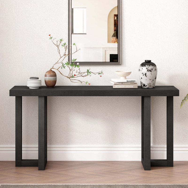 Geometric Design Console Table With Solid Pine Legs, Black
