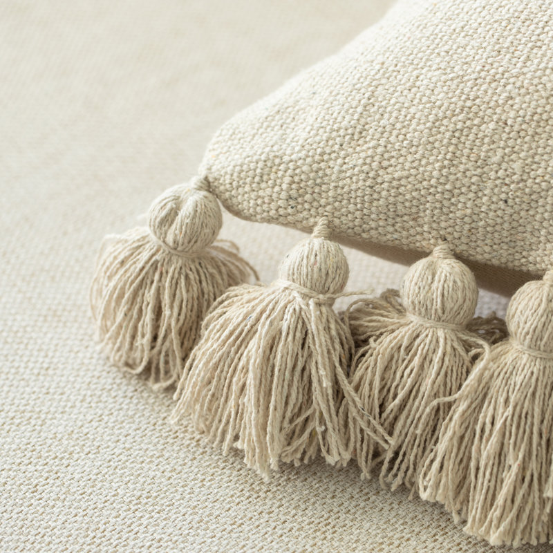 Handwoven Natural Cotton Throw Pillow with Tassels, 17"
