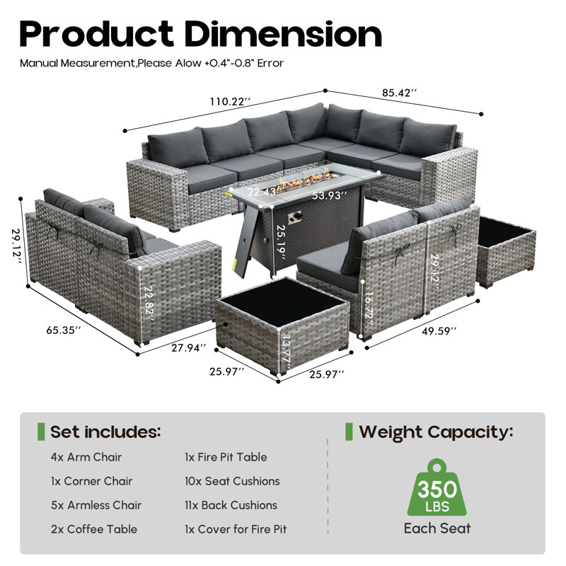 Ignatz 9 - Person Modular Patio Conversation Set with Cushions, Black