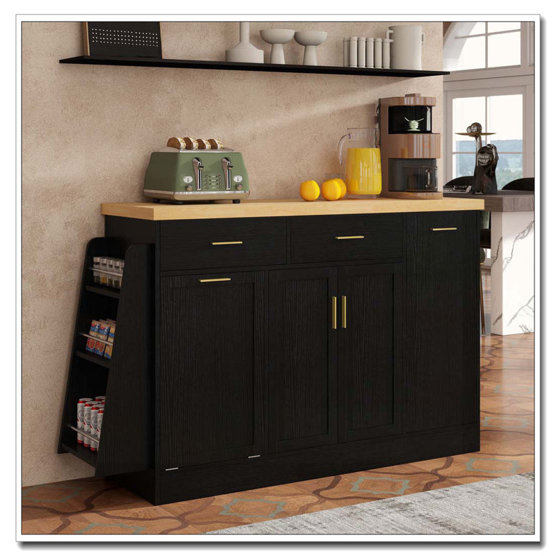 Kitchen Sideboard with Hidden Trash Cabinet, Spice Rack, and Adjustable Shelves, Black