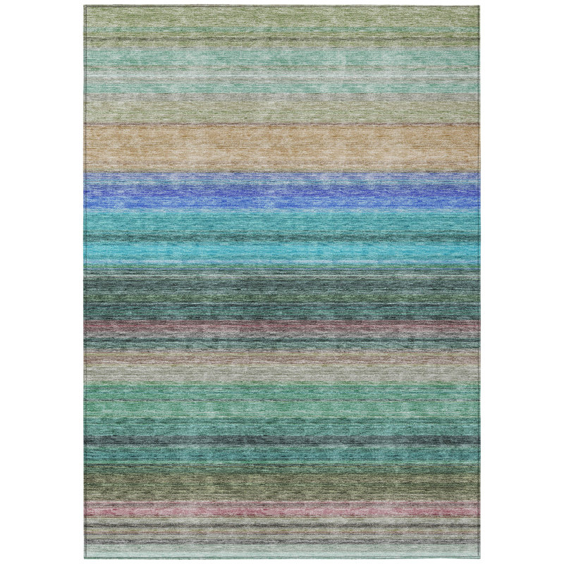 Sage and Blue Striped Synthetic 9' x 12' Washable Rug