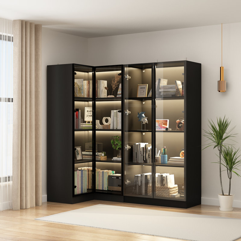 L-Shaped Bookcase Set With Tempered Glass Doors, Aluminum Alloy Frame And 3-Color LED Shelf Lighting