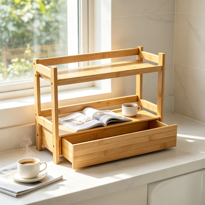 Organisateur de comptoir de salle de bain en bambou, tablette à 2 niveaux avec tiroir caché pour meuble-lavabo, station Matcha, comptoir de lavabo, rangement pour cuisine et bureau, bambou naturel, 6,5 x 16 x 12,6 po