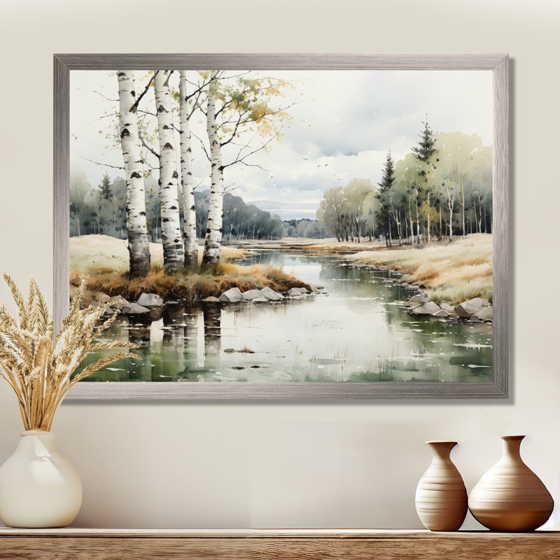 Birch Woods Birch Haven - Art mural de bouleau, Cadre flottant noir, H 16 po x l 32 po x P 1 po