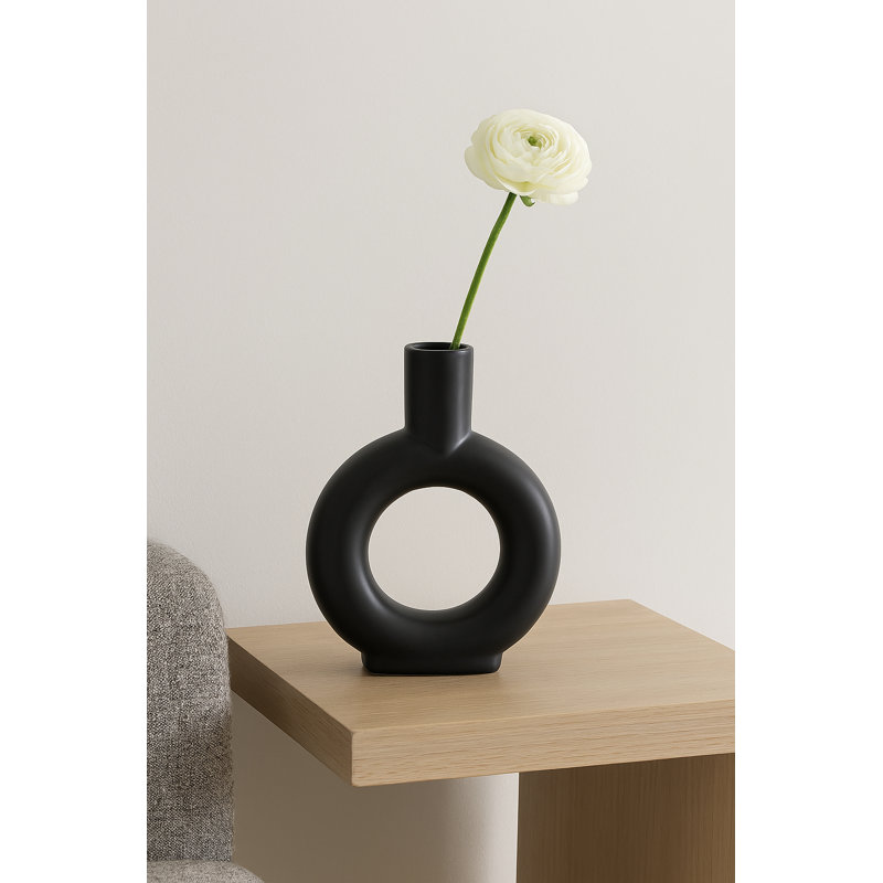 Modern White Ceramic Vase with Sculptural Round Design, Black