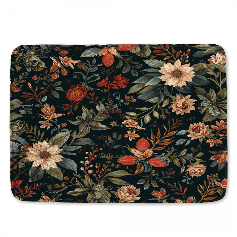 Dark Floral Pattern Bath Mat, 34in W x 21in L