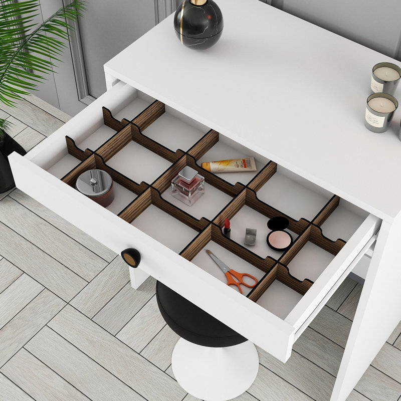 Modern Make-Up Table with Mirror, 100% Melamine Coated Particle Board, 27.6 x 15.7 x 33.3 inches | Sleek White Finish, Durable Design | Perfect for Stylish Bedrooms & Beauty Routines, Elegant & Functional