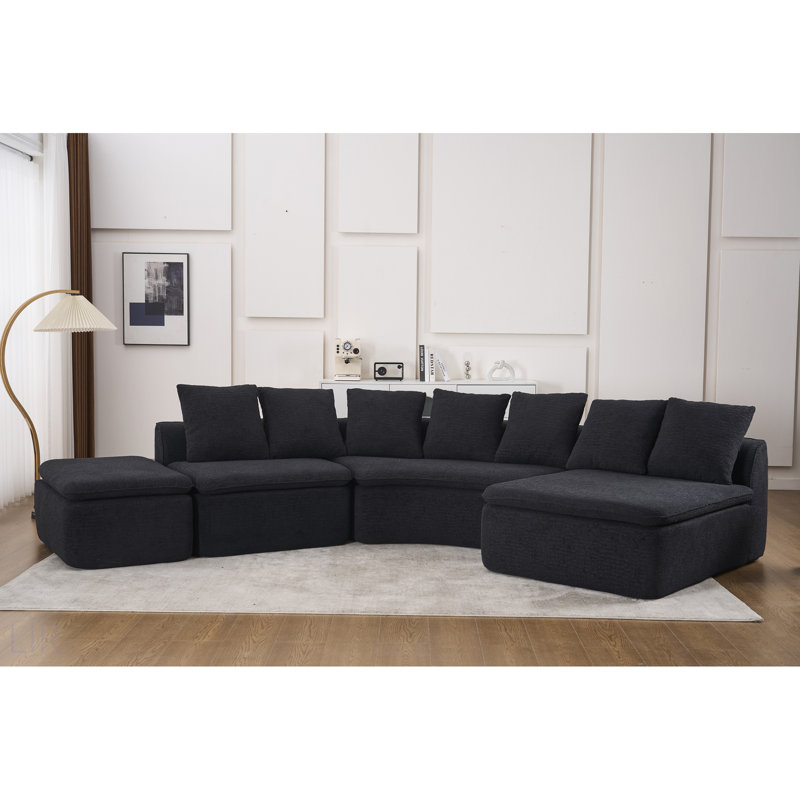 Canapé modulaire en forme de U de 133 po avec support inclinable amovible en chenille de grain de bois noir désossé de 133 po, idéal pour les grands salons ou les chambres à coucher