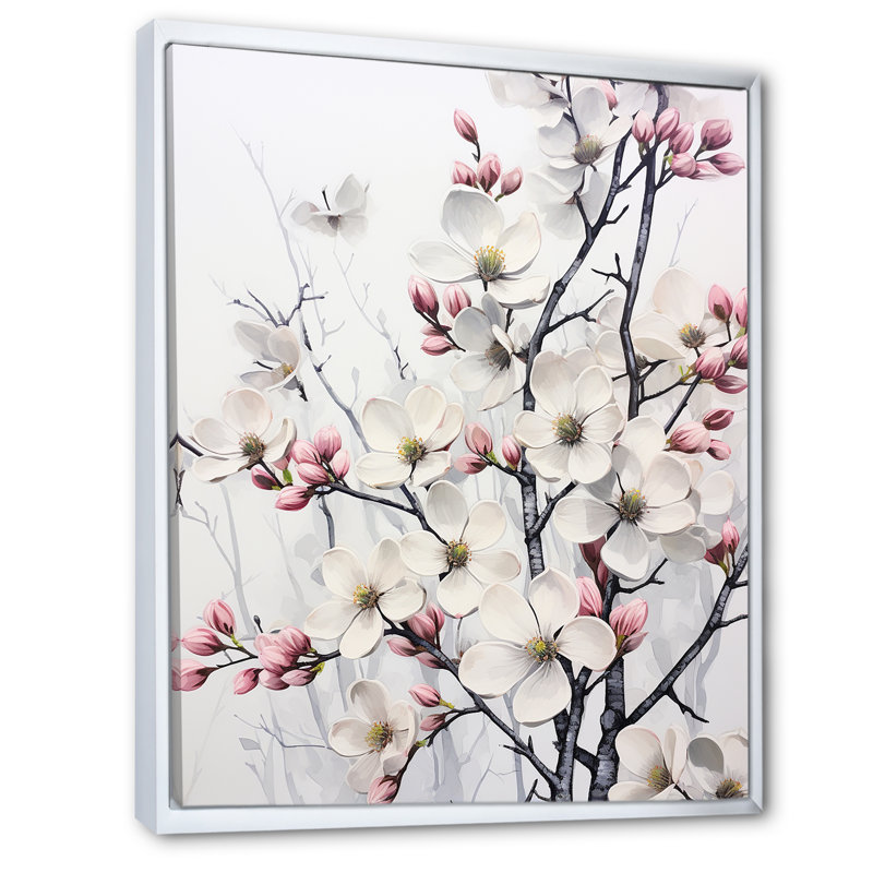 Calme de cornouiller blanc et rose sur toile, H 44 po x l 34 po x P 1,5 po, Cadre flottant blanc