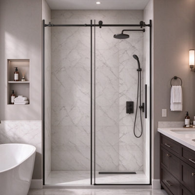 Porte de douche coulissante simple sans cadre MonBlari, l 55 à 60 po x H 76 po, verre trempé de 3 po d'épaisseur avec film anti-déflagrant, quincaillerie en acier inoxydable, noir mat