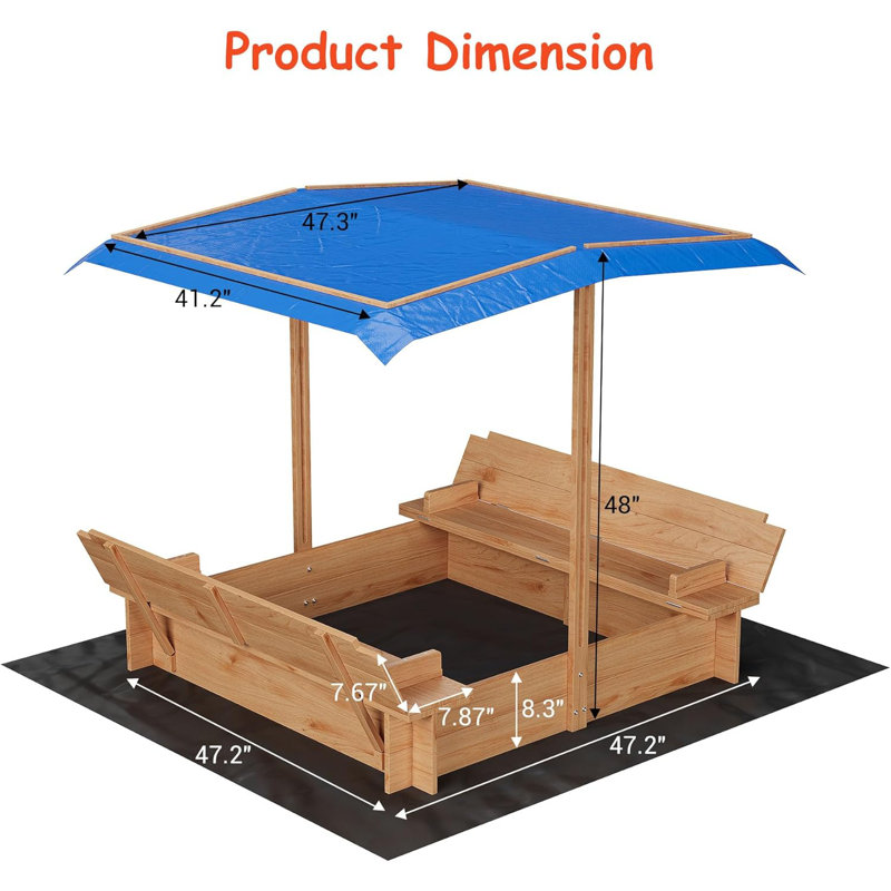 Bac à sable en bois avec couvercle, bac à sable pour enfants avec auvent extérieur, avec housses et sièges de banc pliables, cadeau pour 3 à 8 ans (47 x 47 po)