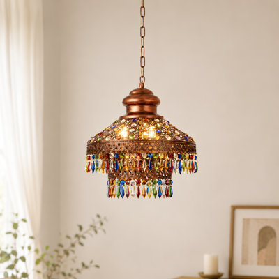 3-Light Vintage Multicolor Crystal Pendant Light With E14 Bulbs