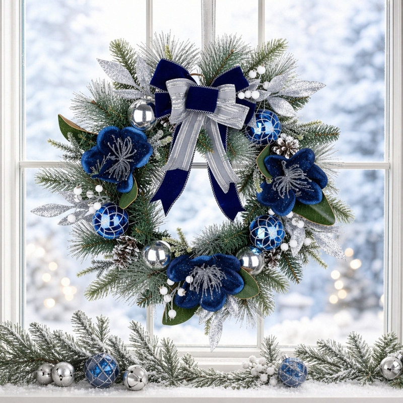 Couronne de Noël artificielle 21,65 pouces avec nœud bleu marine, fleurs en velours et ornements