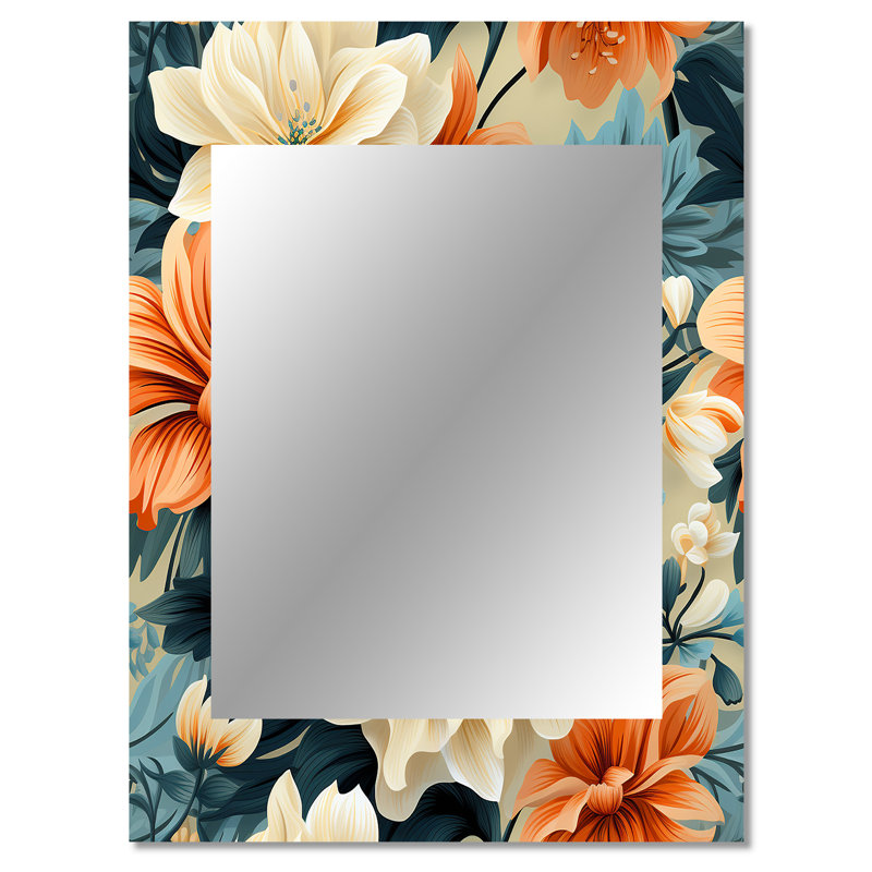 Warm Terracotta And Blue Floral Botanical Pattern - Floral Wall Mirror, Cottage Decorative Mirror, Printed Metal Art