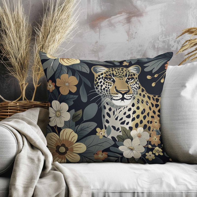 Coussin en faux suède Jungle Cat, Beige / jaune / gris, Carré 26 po