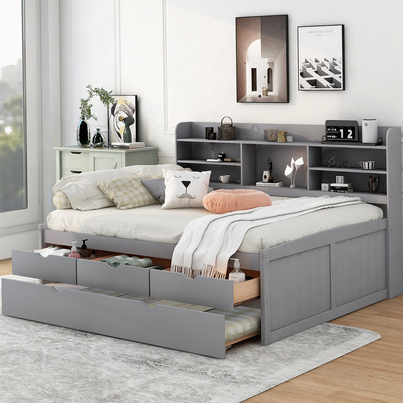 Wooden Captain Bed with Built-in Bookshelves,Storage Drawers and Trundle, Gray