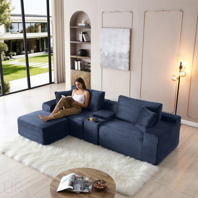 Modular Sectional Sofa With Deep Seat, Corduroy Fabric, Cup Holders, USB Ports, Storage Box, And Movable Ottoman For Living Room Comfort