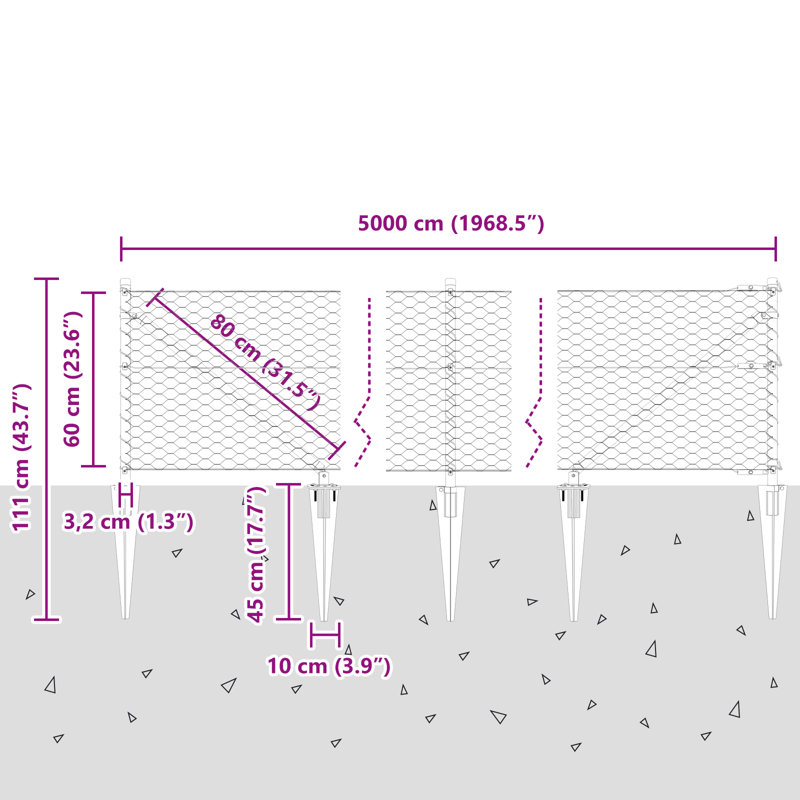 Hexagon Fence Grey Steel, 60cm H x 5000cm W