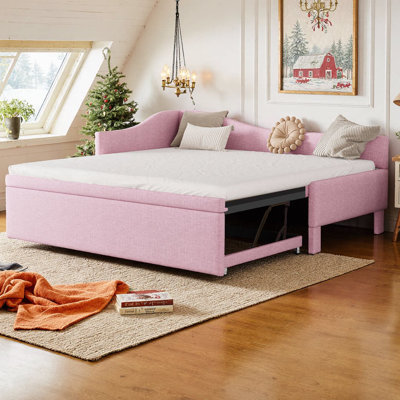 Convertible Twin L-Shaped Upholstered Daybed with Hydraulic Pop-Up Trundle, Twin-to-King Design